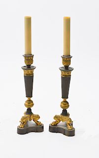 Neo-Classical Gilt Bronze Candlestick Lamps, Pair