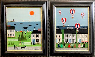 Pair of Polly Bushong Folk Art Oils on Panel "Whale Watching" and "Hot Air Balloon Race"