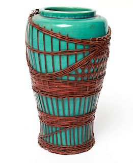Japanese Kyoto Awaji Glazed Pottery Vase w Rattan