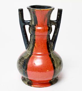 Japanese Kyoto Awaji 2 Handled Pottery Vase