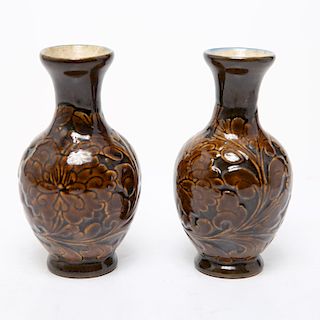 Chinese Carved & Glazed Pottery Bud Vases, Pair