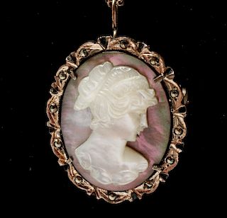 Silver Carved Cameo MOP & Abalone Brooch Necklace
