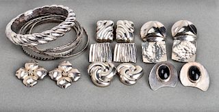 Silver Bangle Bracelets & Earrings Group of 15