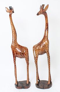 Carved Wood & Painted Giraffe Figures, Pair