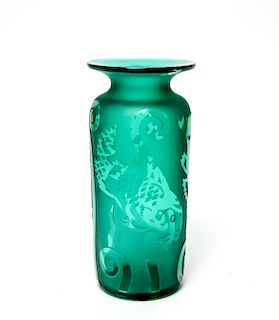 Correia Etched Art Glass Vase with Fish Motif