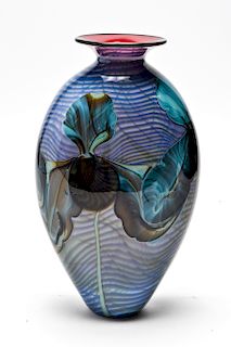 Richard Satava Blue Iris Art Glass Vase, Signed