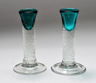 Pair of Art Glass Crackle Candlesticks, Signed, 2