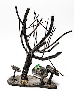 Contemporary Metal Sculpture of Frog & Mushrooms