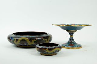 A Footed Cloisonne Dish and Two Japanese Bowls.