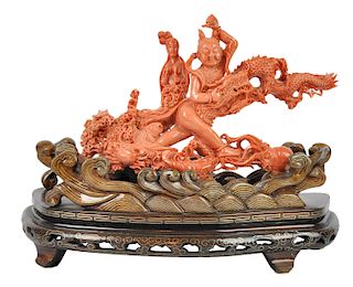 Chinese Carved Red Coral Sculpture on Wood Base