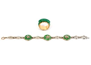 Jade & 14K WG Bracelet & Jade 14K YG Ring