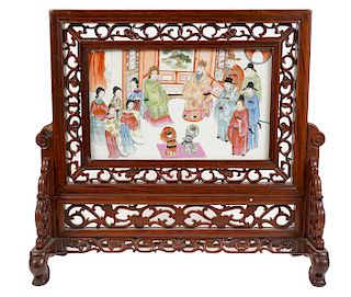 Chinese Framed Porcelain Plaque on Stand