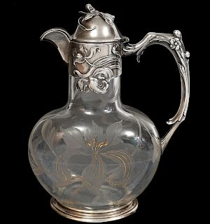 German Art Nouveau Crystal & Silver Ewer