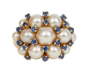 14kt Gold, Pearls and Sapphire Cluster Ring