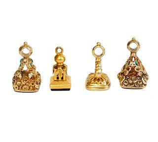4 English Gold & Gem Stone Miniature Seal Fobs