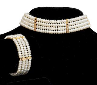 Cultured Pearl, Gemstone & Gold Choker & Bracelet
