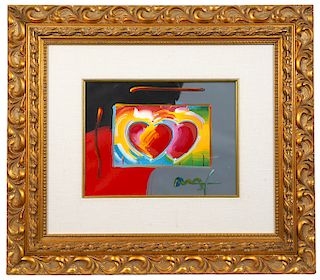 Peter Max 'Two Hearts' Mixed Media Painting