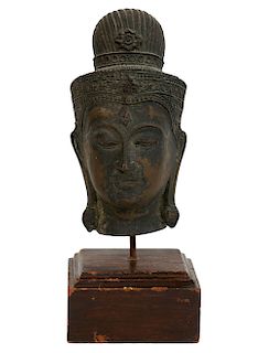 Buddha Bronze Head Mounted on Wood Base