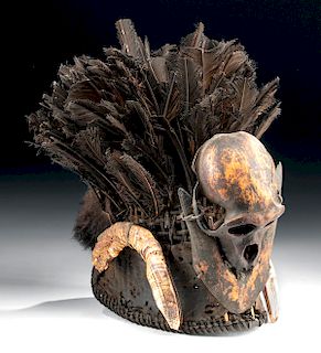 20th C. Indian Naga Hat w/ Monkey Skull & Feathers
