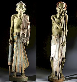 Two 19th C. Burmese Wood Temple Figures w/ RC Date