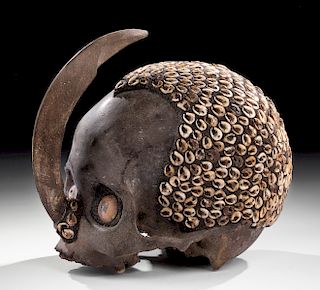 Early 20th C. Asmat Skull w/ Shells & Boar Tusk