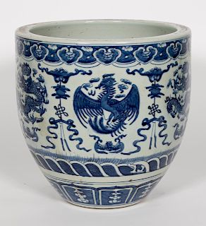 Chinese Blue & White Dragon & Phoenix Jardiniere