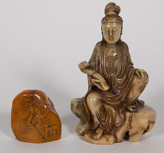 Chinese Soapstone Quanyin Figure and Seal