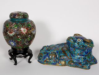 Two Cloisonne Pieces, Lidded Jar and Ox