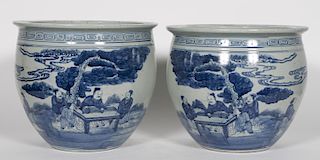 Pair, Chinese Blue & White Figural Jardinieres