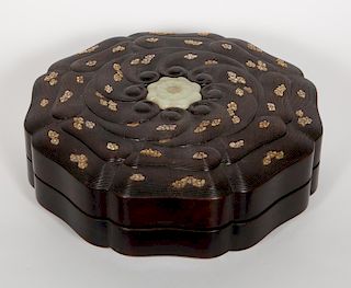 Chinese Zitan, Jade and Mother of Pearl Inlaid Box
