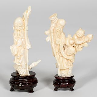 2 Chinese Carved White Coral Elder Figures, Stands