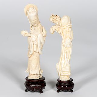 Two Chinese Carved White Coral Figures on Stands