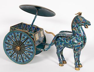 Chinese Cloisonne Enamel Horse Drawn Carriage Cart