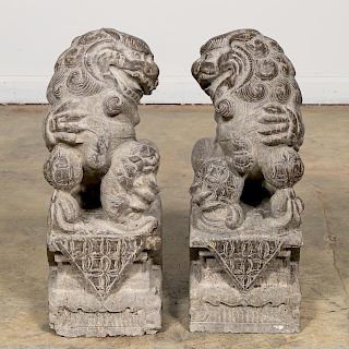 Pair, Chinese Limestone Guardian Lion Sculptures