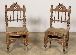 Pr., Early 19th C. Carved & Painted Syrian Chairs