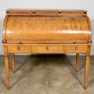 19th C. Continental Inlaid Roll Top Writing Desk