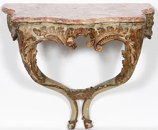 18th C. Italian Baroque Painted Marble Top Console