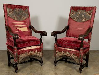 Pr., Large 19th C. Italian Walnut Throne Chairs