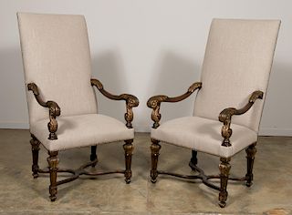 Pr, Italian Baroque Parcel Gilt Upholstered Chairs