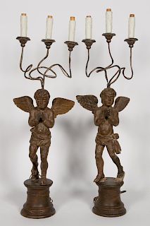 *Pair, Italian Carved Putti Candelabrum Lamps