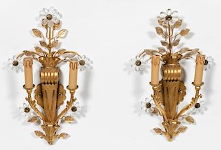 Pair, Baques Style Italian Crystal & Gilt Sconces