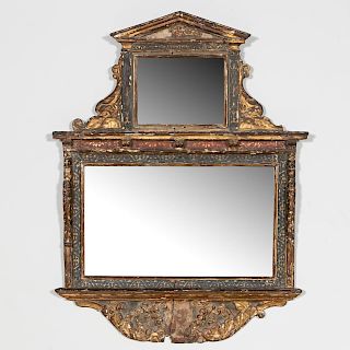 18th C. Italian Partial Gilt and Polychrome Mirror