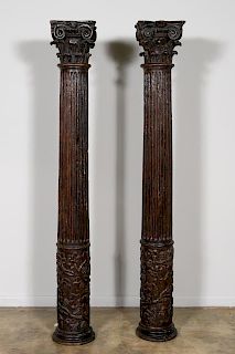 Pair of Tall Carved Wood Corinthian Columns