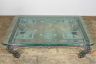 Neoclassical Polished Steel Etched Glass Table