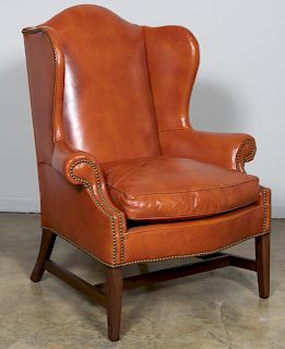 Georgian Style Wing Chair With Orange Leather