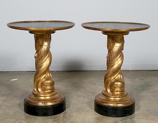 Pr., James Mont Style Carved Gilt Dolphin Tables