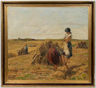 Carl Schwenn "Harvesting The Field" Oil On Canvas