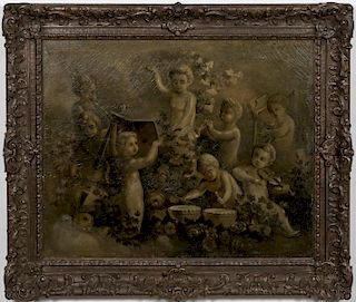 19th Century, French Putto Oil On Canvas Painting