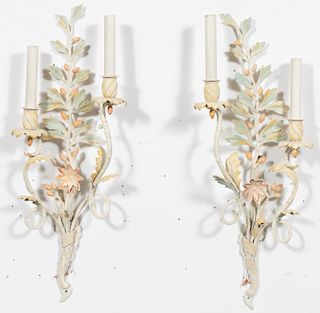 Pair, French Painted Polychrome Floral Sconces