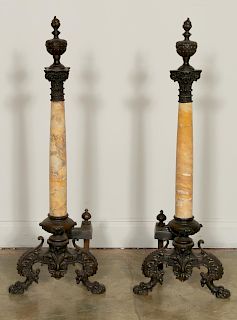 Pair, French Bronze and Sienna Marble Andirons